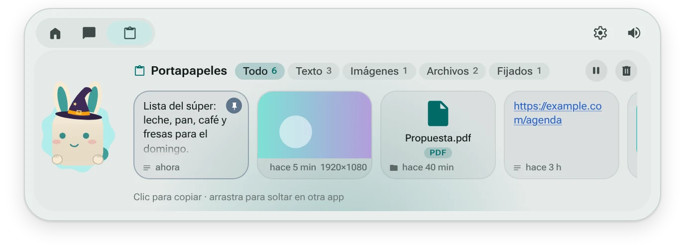 El portapapeles de la isla con textos, una imagen y un PDF copiados.